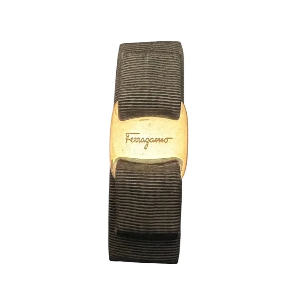 Salvatore Ferragamo Vara Bow Barrette Hair Clip Black Gold Tone Logo